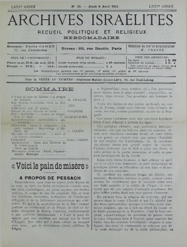 Archives israélites de France. Vol.75 N°15 (09 avr. 1914)